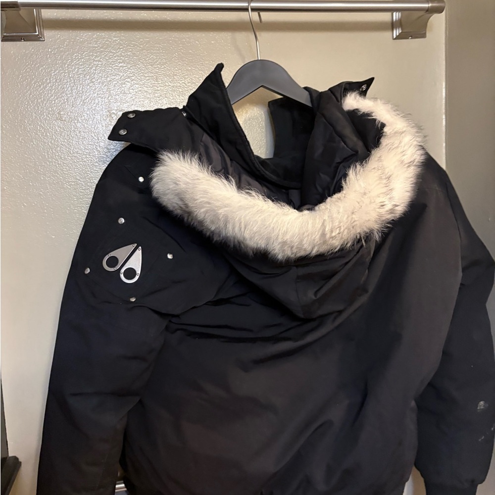 Moose Knuckles Black Jacket with White Fur Trim